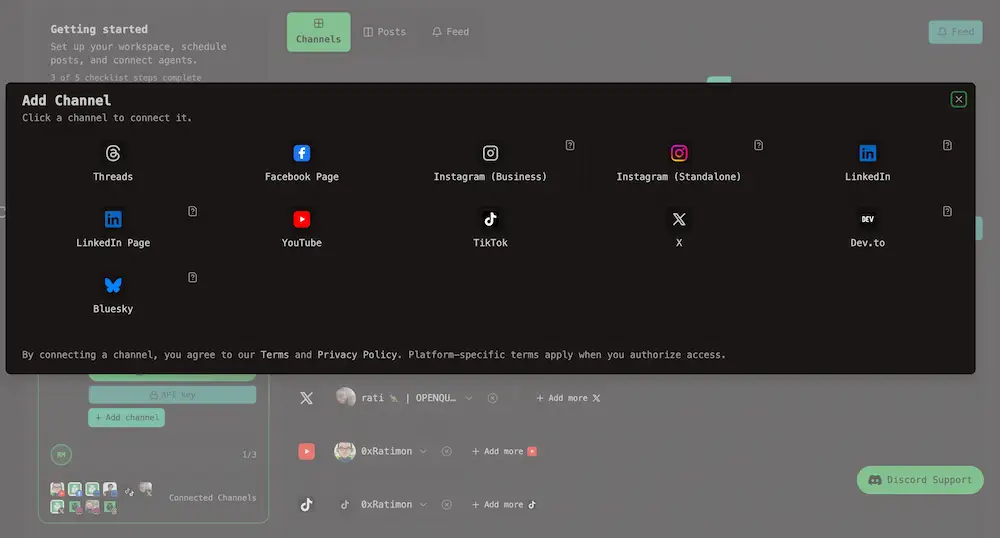 Open The modal to connect a channel