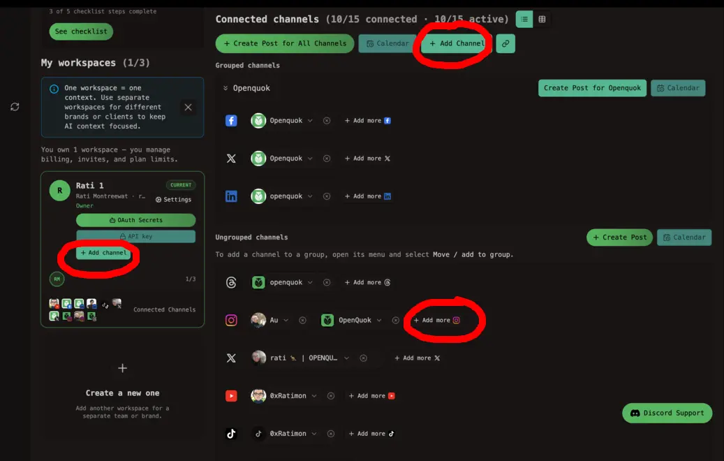 Click buttons to connect a Social Channel