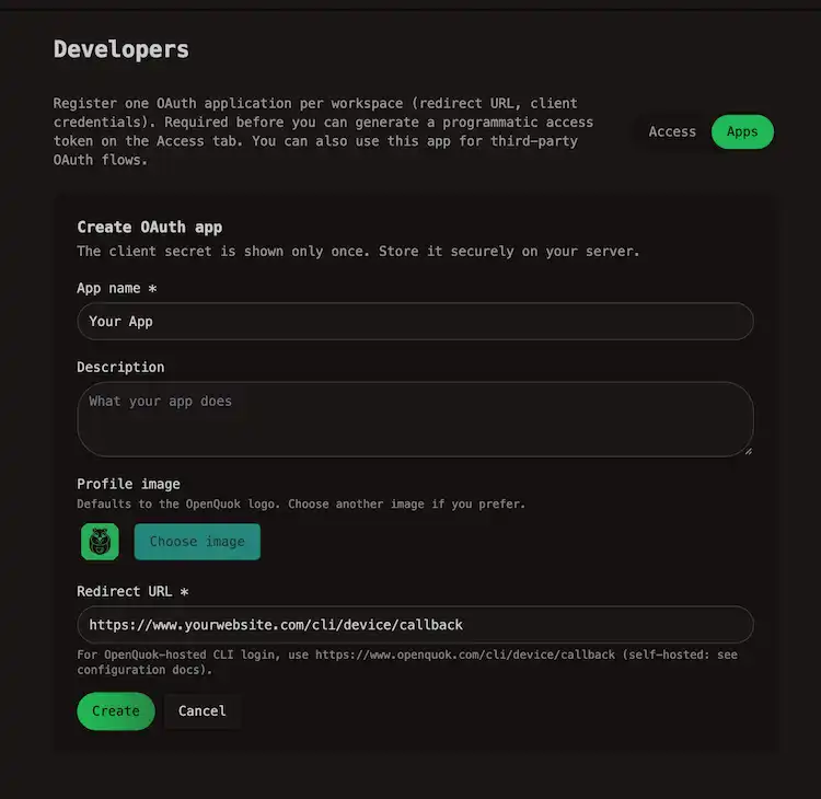 Create a New App in RedPanda Developer Access settings